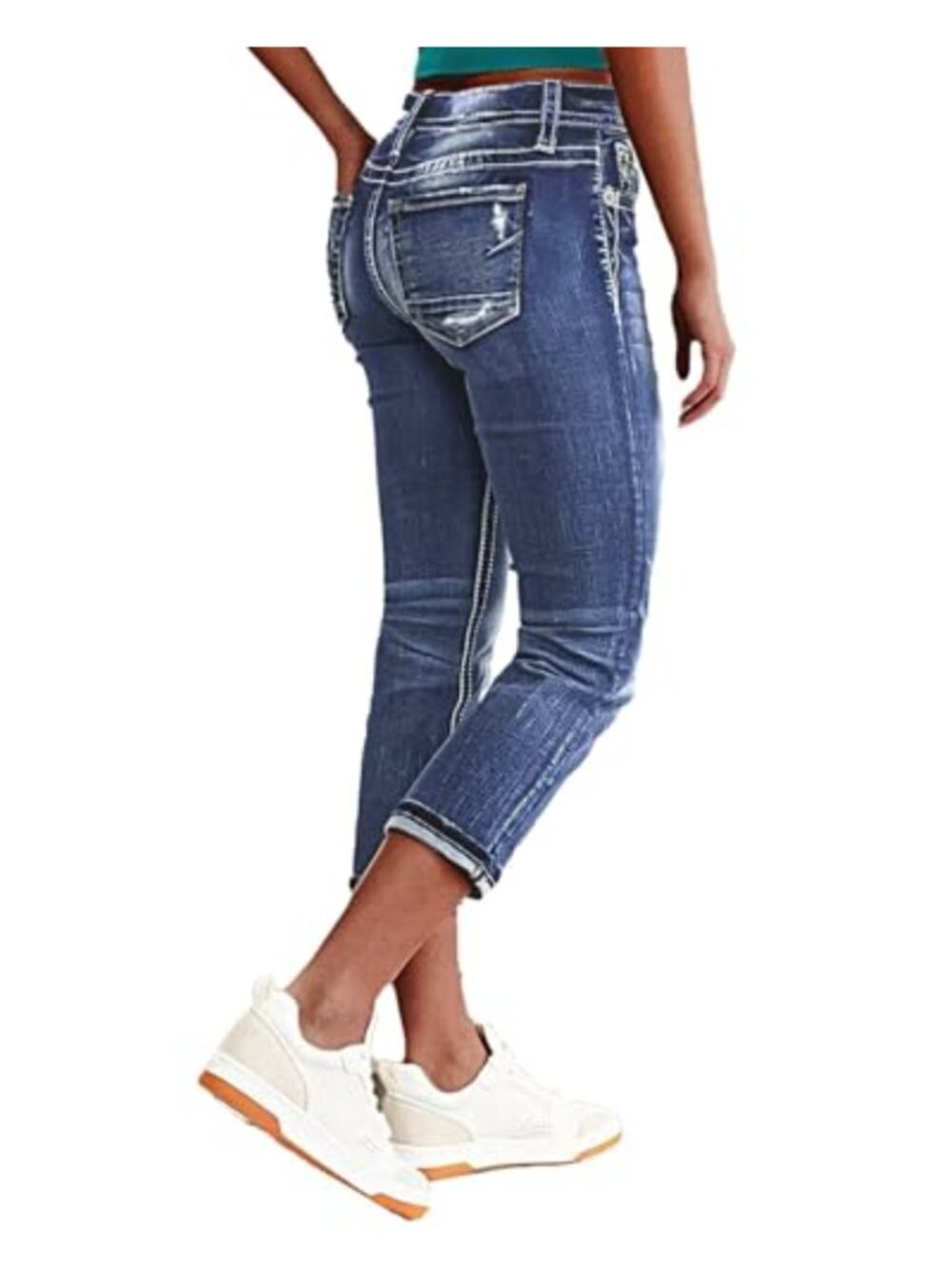 Mid Rise Skinny Capri Jeans High Stretch Denim Cropped Pants Women's